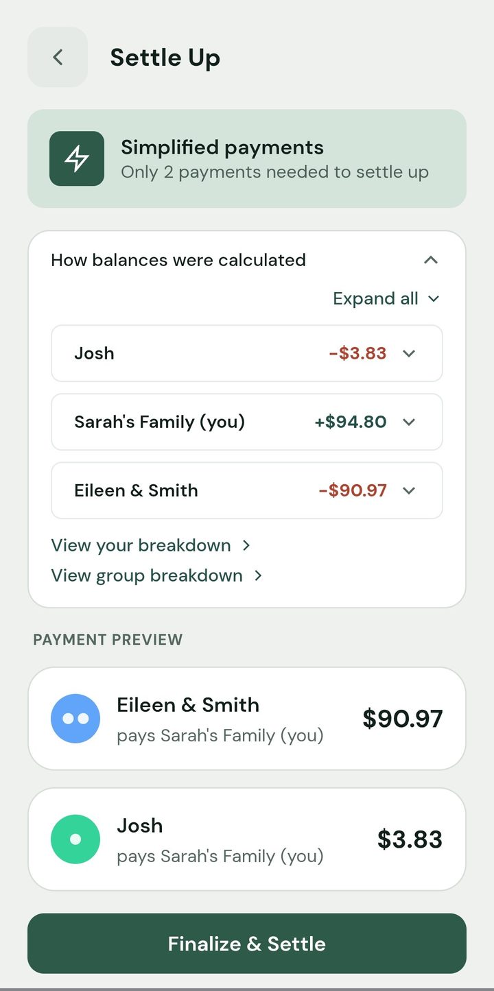 Fairlyd settle up screen showing only two payments needed to settle the whole group