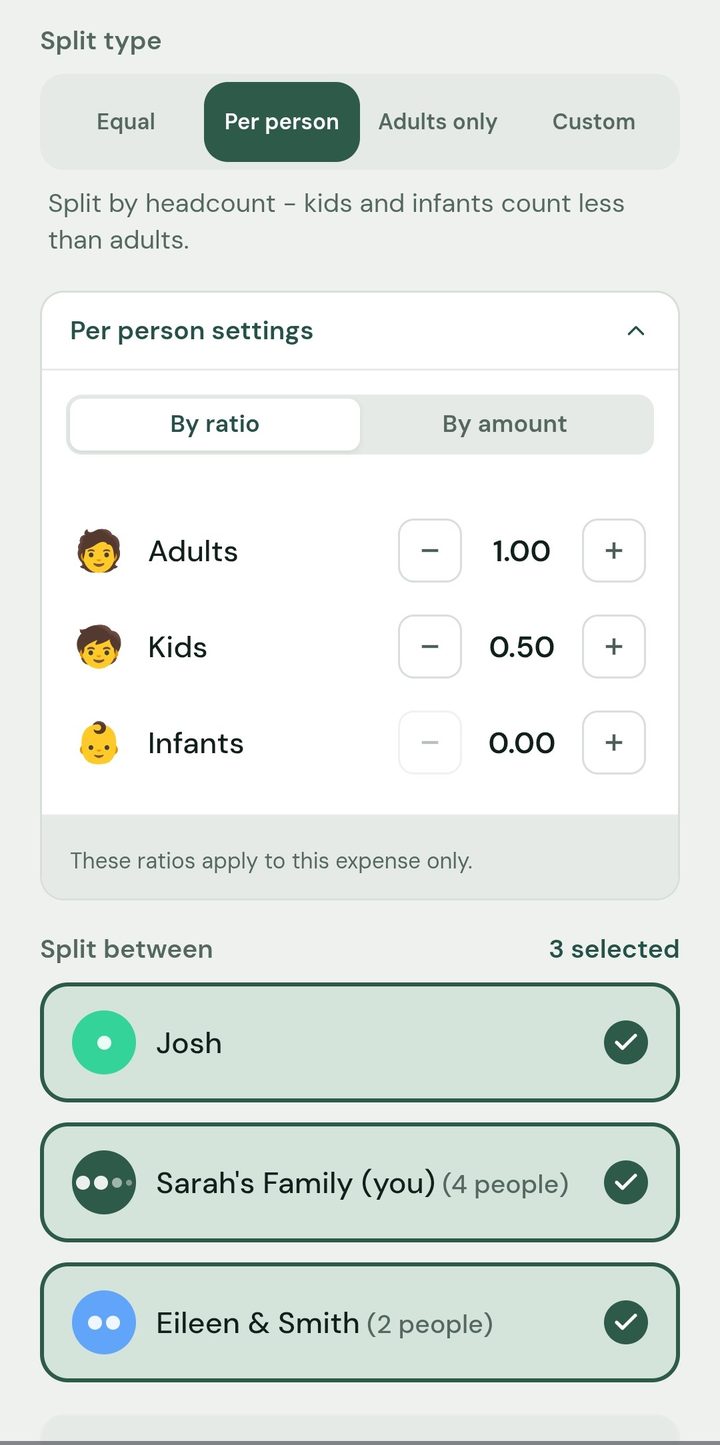 Fairlyd split type picker with per-person ratios for adults, kids, and infants